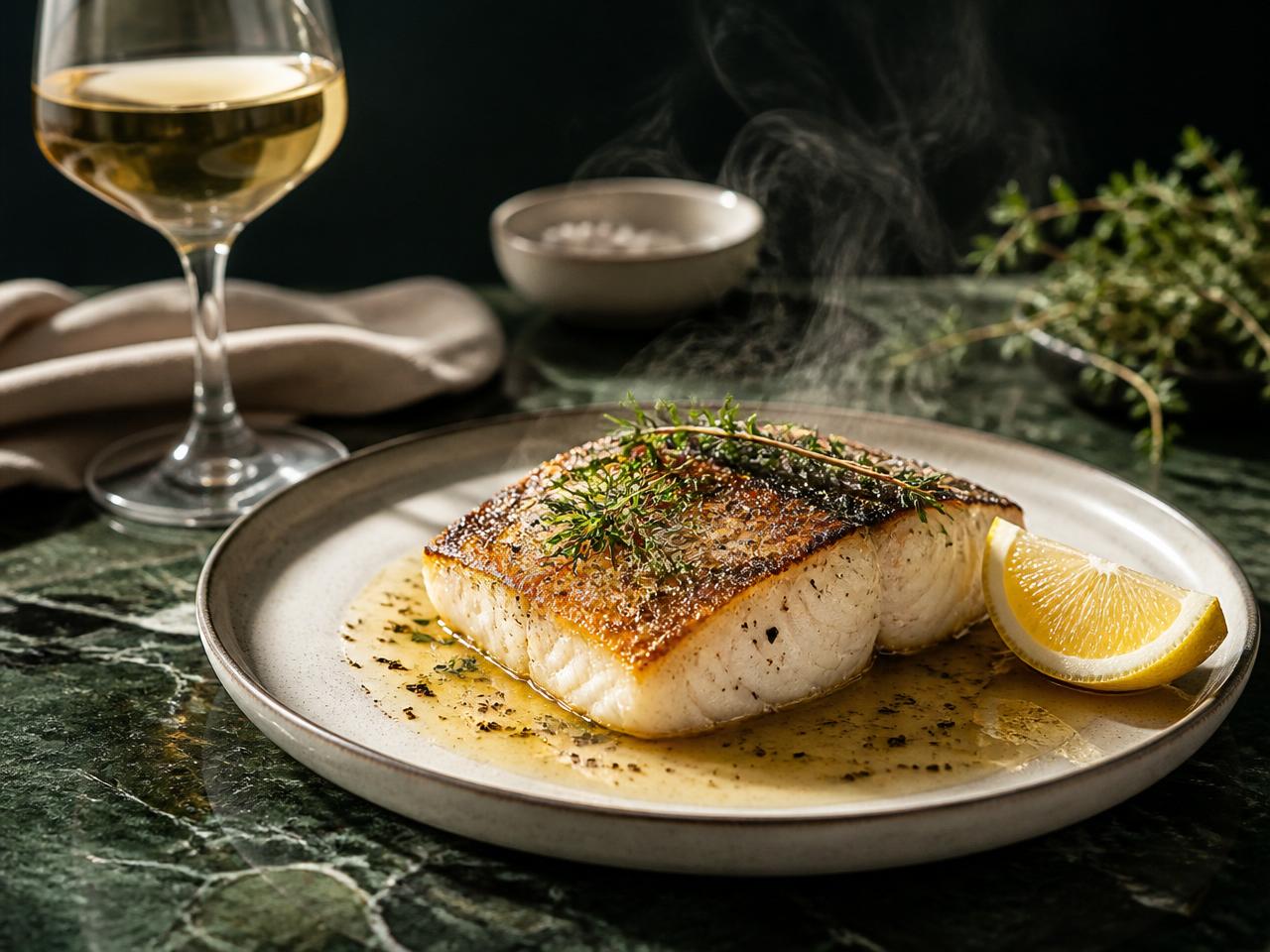 Elegantly seared white fish fillet garnished with lemon and thyme